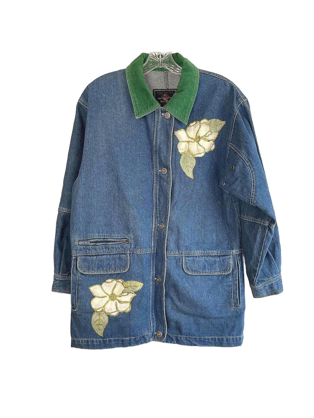 90s Vintage Cottagecore 100% Cotton Denim Button Up Jacket Corduroy Collar